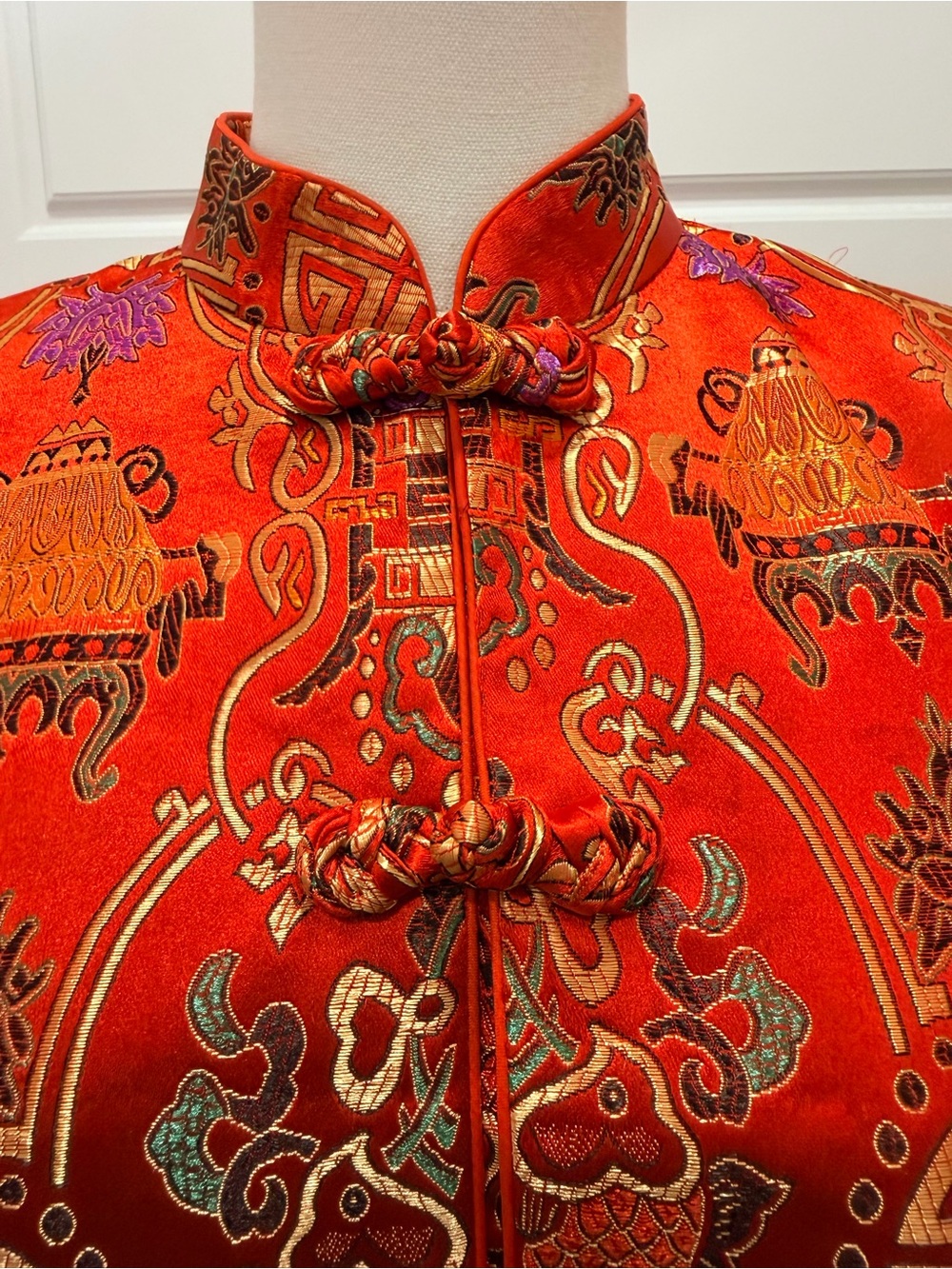 Red Brocade Mandarin Jacket with Gold Embroidery - Picture 7 of 9